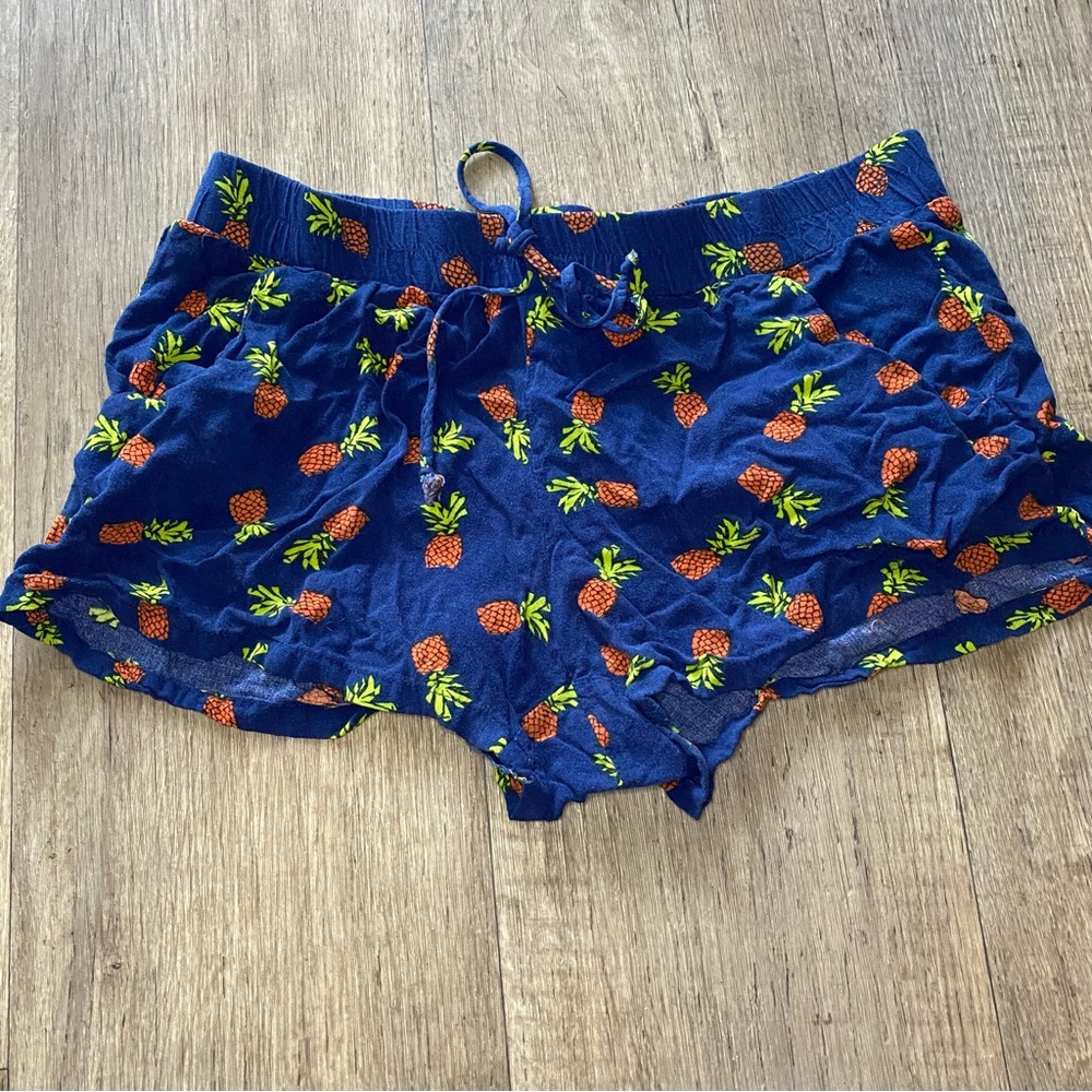 Tropical Pineapple Print Lounge Shorts – Blue, Size M Lightweight & Comfy